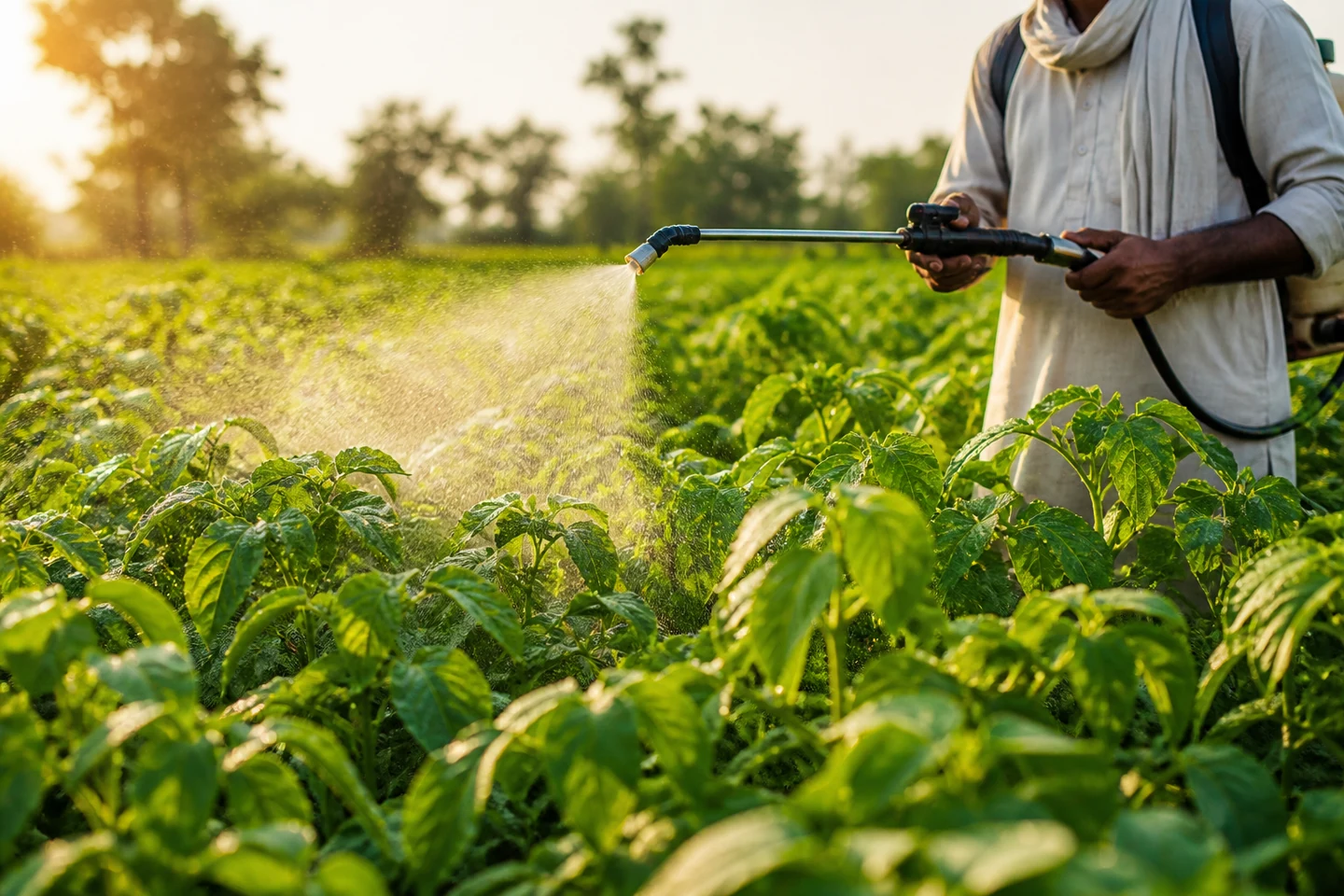 Farmer applying a foliar bio-stimulant spray to a healthy crop